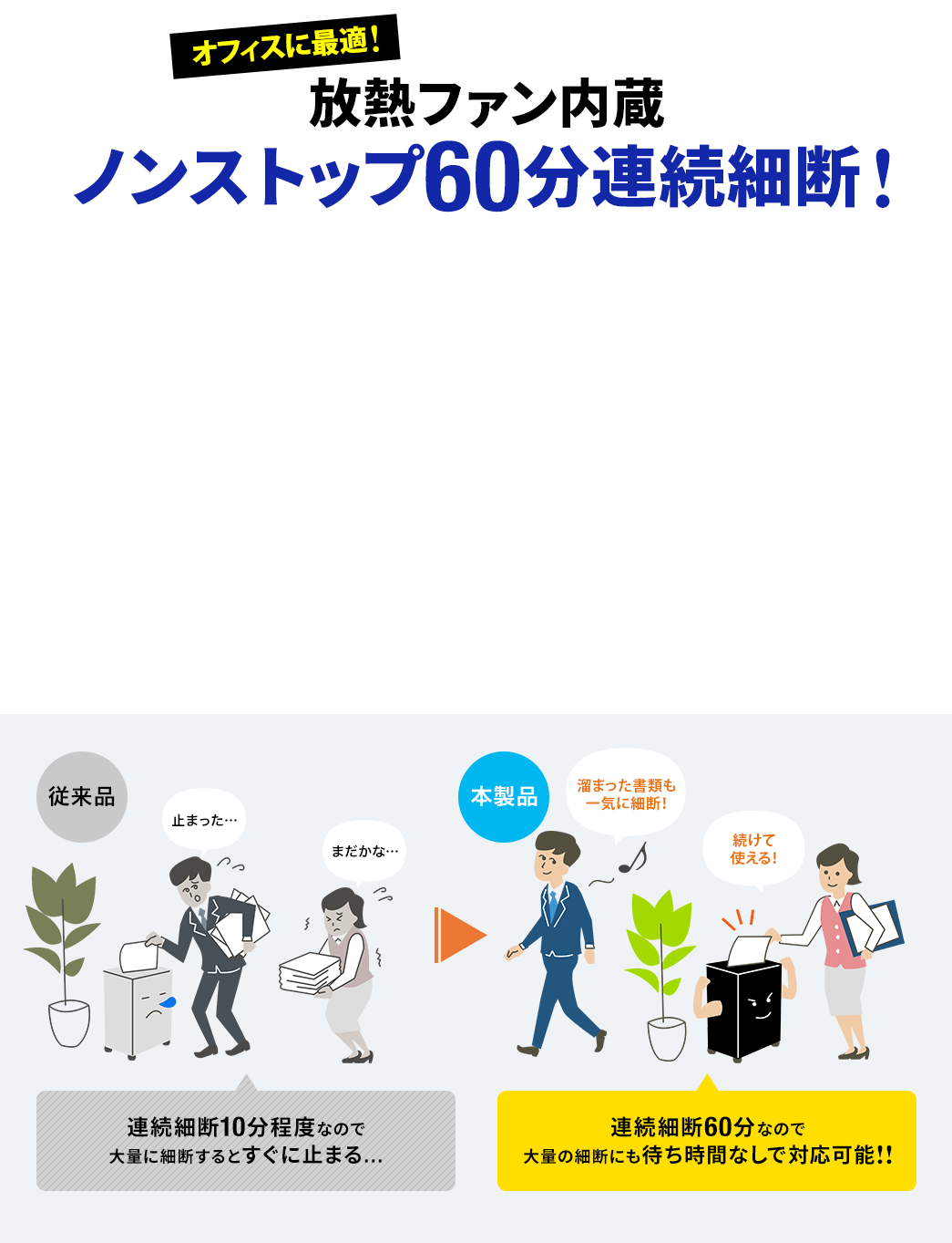 オフィスに最適!放熱ファン内蔵ノンストップ60分連続細断！