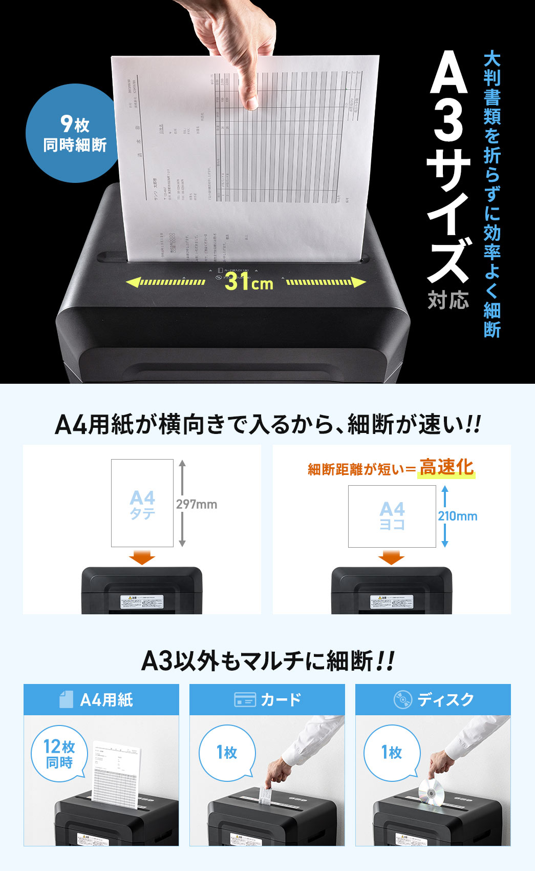 9枚の同時細断が可能で、A3サイズ対応、大判書類を折らずに効率よく細断できます。A4用紙が横向きで入るから、細断距離が短く、細断が速いです。そして、A4用紙を12枚同時、カード、ディスク、A3以外もマルチに細断できます。