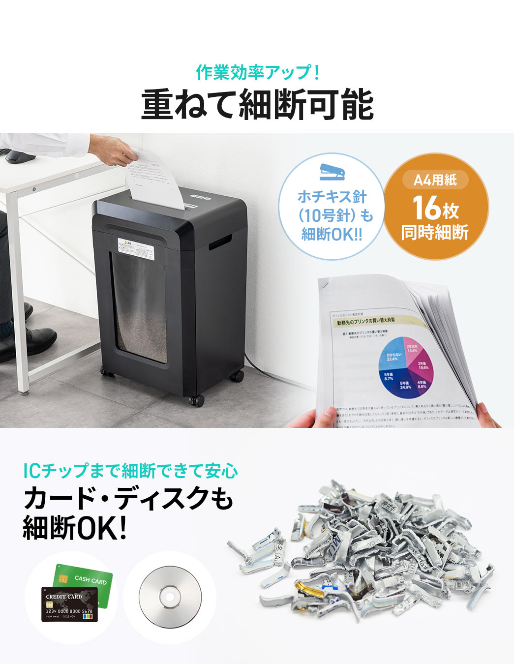 重ねて細断可能なので、作業効率アップ！ホッチキス針 （10号針）付きのままでも細断でき、A4用紙を16枚同時に細断可能。さらに、ICチップ付きカードやディスクも細断できるので安心です。