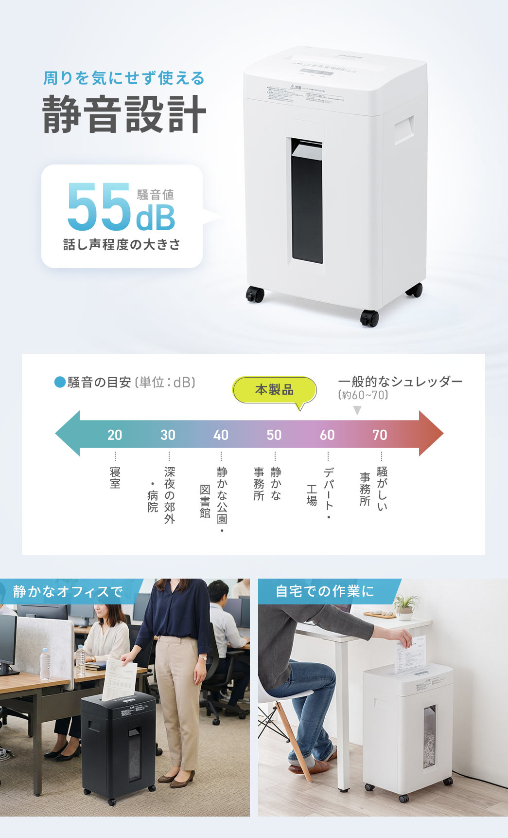 周りを気にせず使える静音設計です。騒音値55dBの静音設計で、話し声程度の音量のため、静かなオフィスや自宅での作業に最適です。