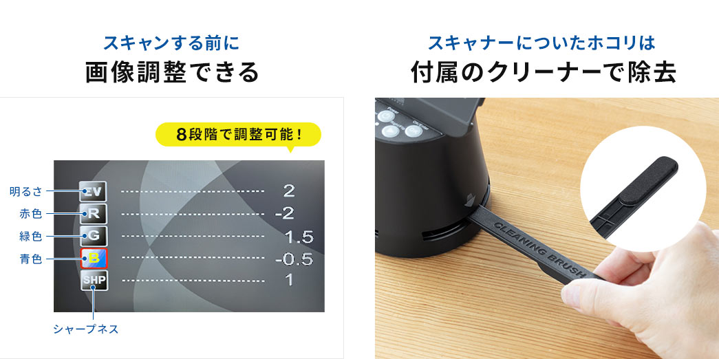 スキャンする前に露出・色調補正できる スキャナーに付いたホコリは付属のクリーナーで除去