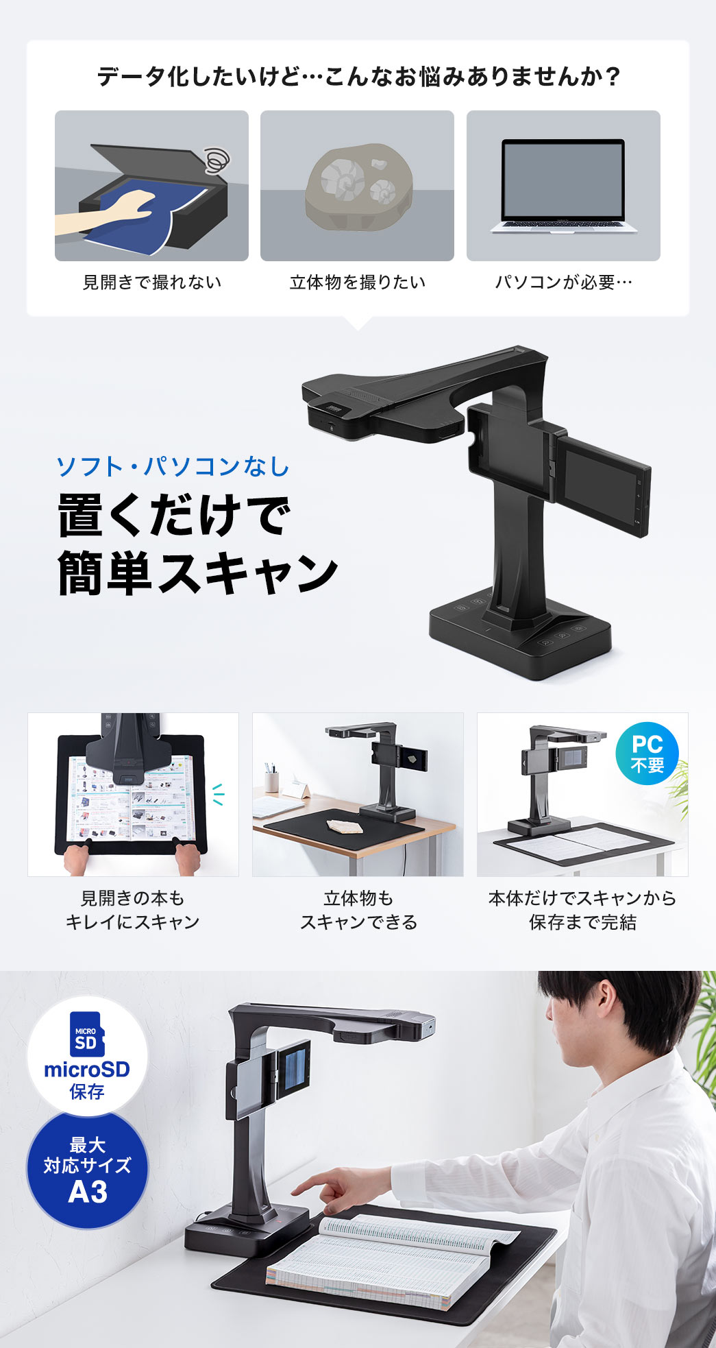 データ化したいけど…見開きで撮れない、立体物を撮りたい、パソコンが必要…などのお悩みありませんか？本製品なら、ソフト・パソコンなしで置くだけで簡単スキャン！見開きの本や立体物もキレイにスキャンでき、本体だけでスキャンから保存まで完結します。データはmicro SDに保存され、スキャンはA3サイズまで対応しています。