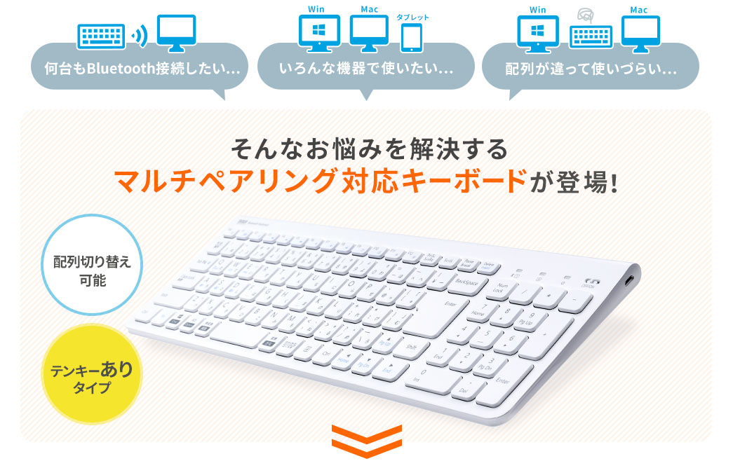 何台もBluetooth接続したい… いろんな機器で使いたい… 配線が違って使いづらい… そんなお悩みを解決するマルチペアリング対応キーボードが登場！