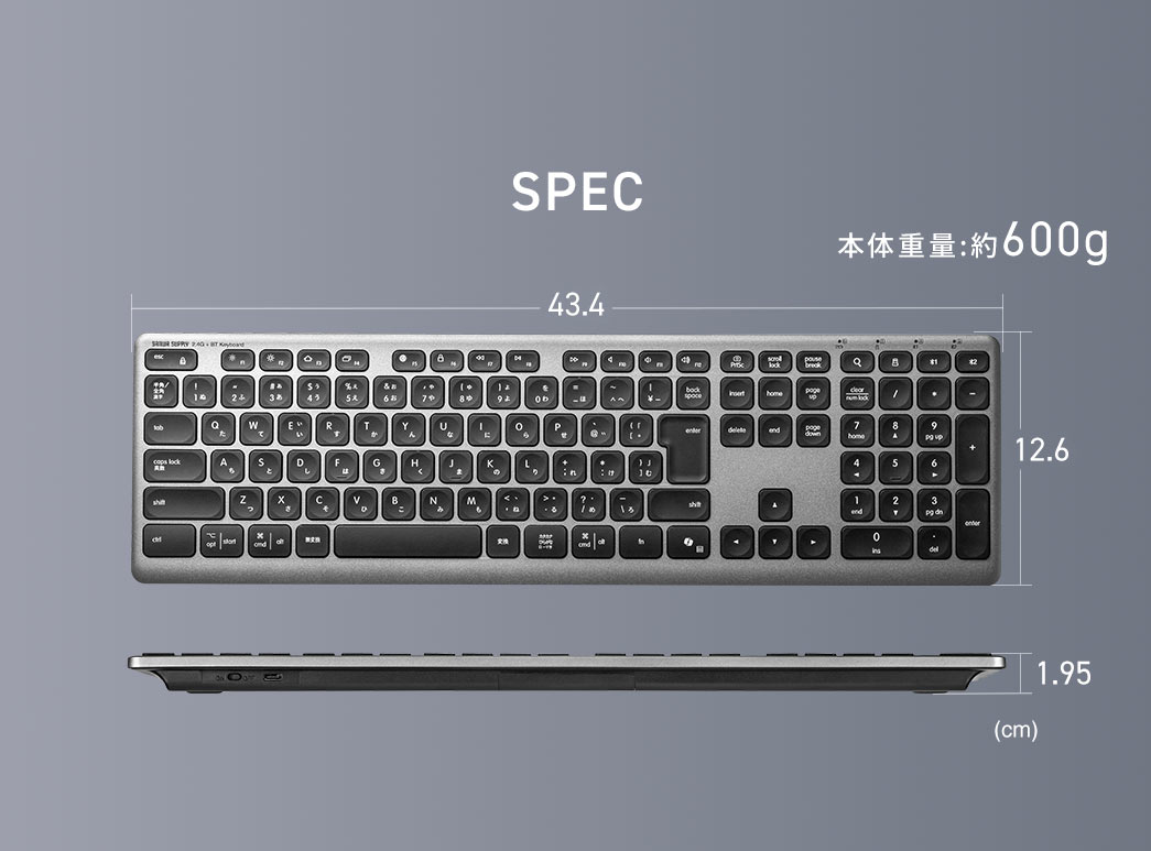 SPEC：本体サイズは幅43.4cm×奥行き12.6cm×高さ1.95cm、本体重量は約600gです。