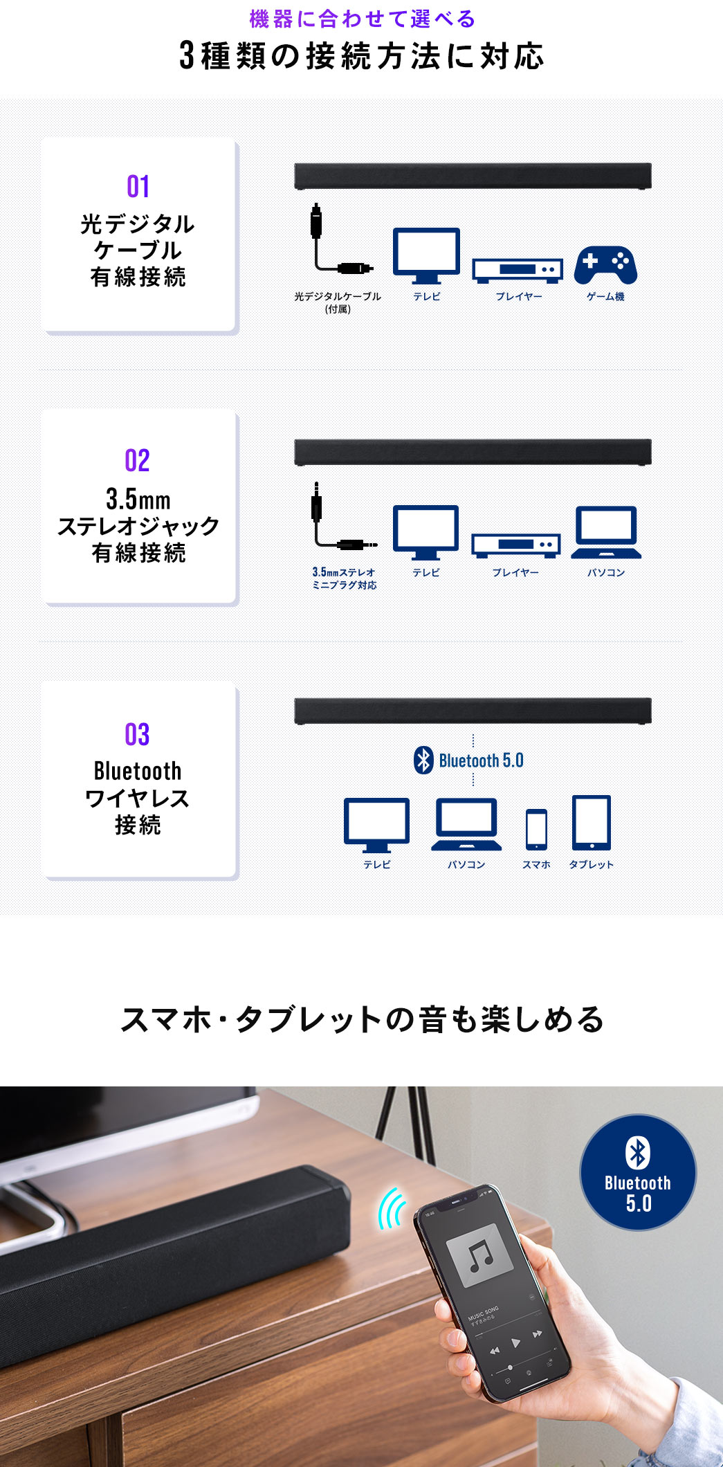 機器に合わせて選べる3種類の接続方法に対応