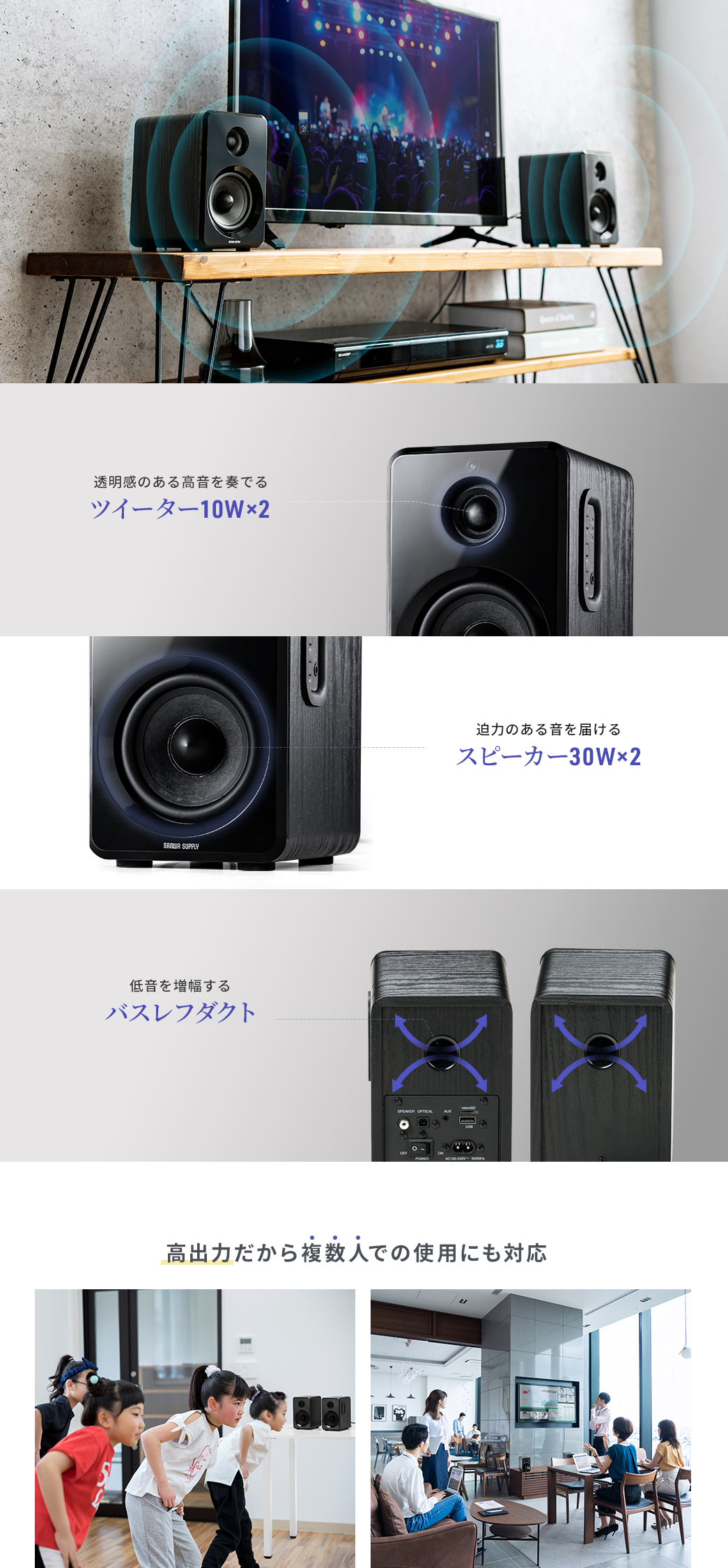 透明感のある高音を奏でるツイーター10W×2 迫力のある音を届けるスピーカー30W×2 低音を増幅するバスレフダクト