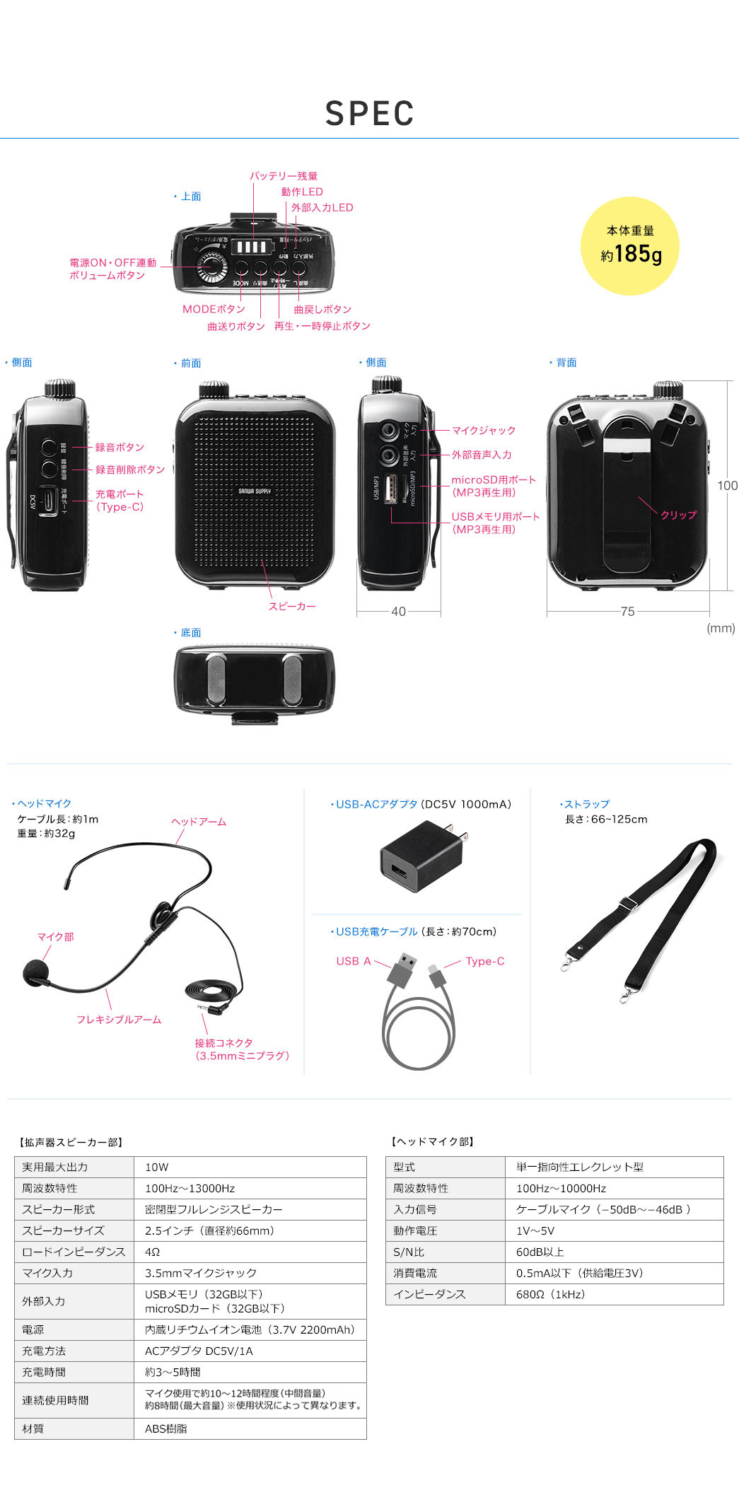 SPEC 本体重量約185g