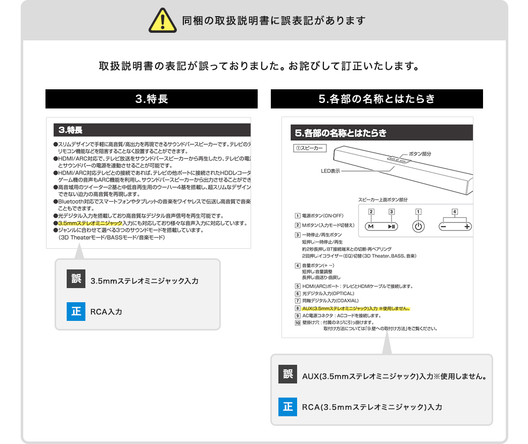 同梱の取扱説明書に誤表記があります