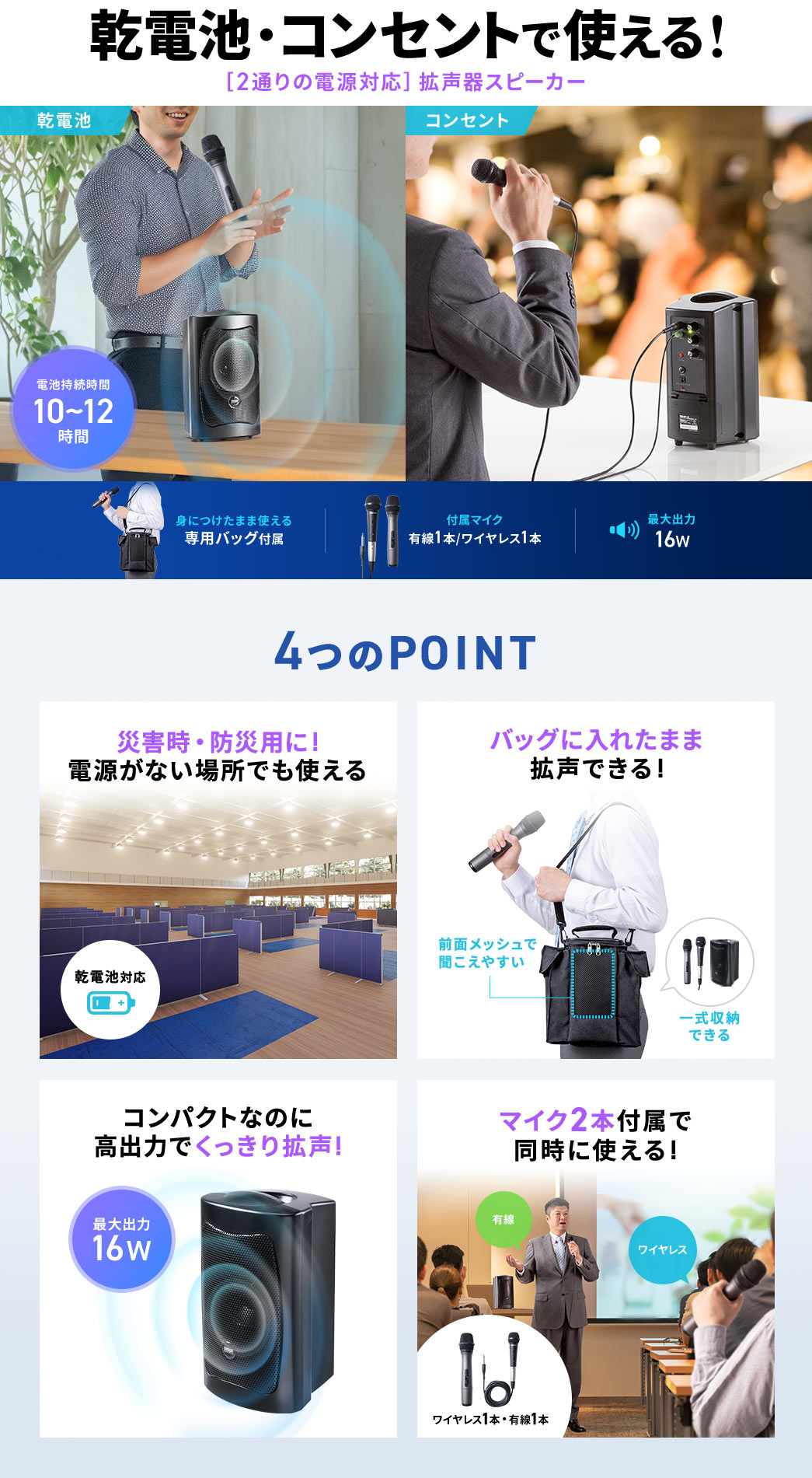 乾電池・コンセントで使える 2通りの電源対応 拡声器スピーカー 災害時・防災用に バッグに入れたまま拡声できる コンパクトなのに高出力でくっきり拡声 マイク2本付属で同時に使える