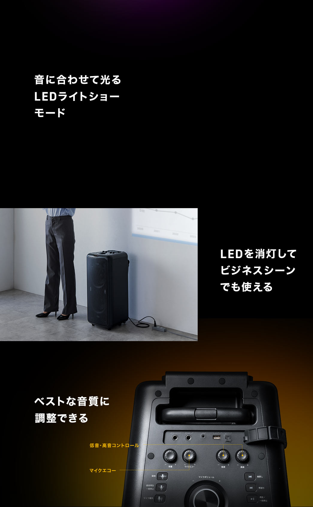 音に合わせて光るLEDライトショーモード LEDを消灯してビジネスシーンでも使える ベストな音質に調整できる
