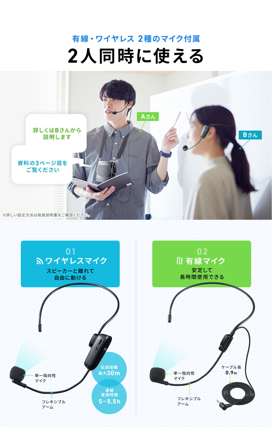 有線とワイヤレスの2種のマイク付きで2人同時に使えます。1：スピーカーと離れて自由に動けるワイヤレスマイクは、単一指向性マイクとフレキシブルアームで伝送距離は最大30m、連続使用時間は5～5.5時間です。 2：安定して長時間使用できる有線マイクは、単一指向性マイクとフレキシブルアーム、ケーブル長0.9mです。