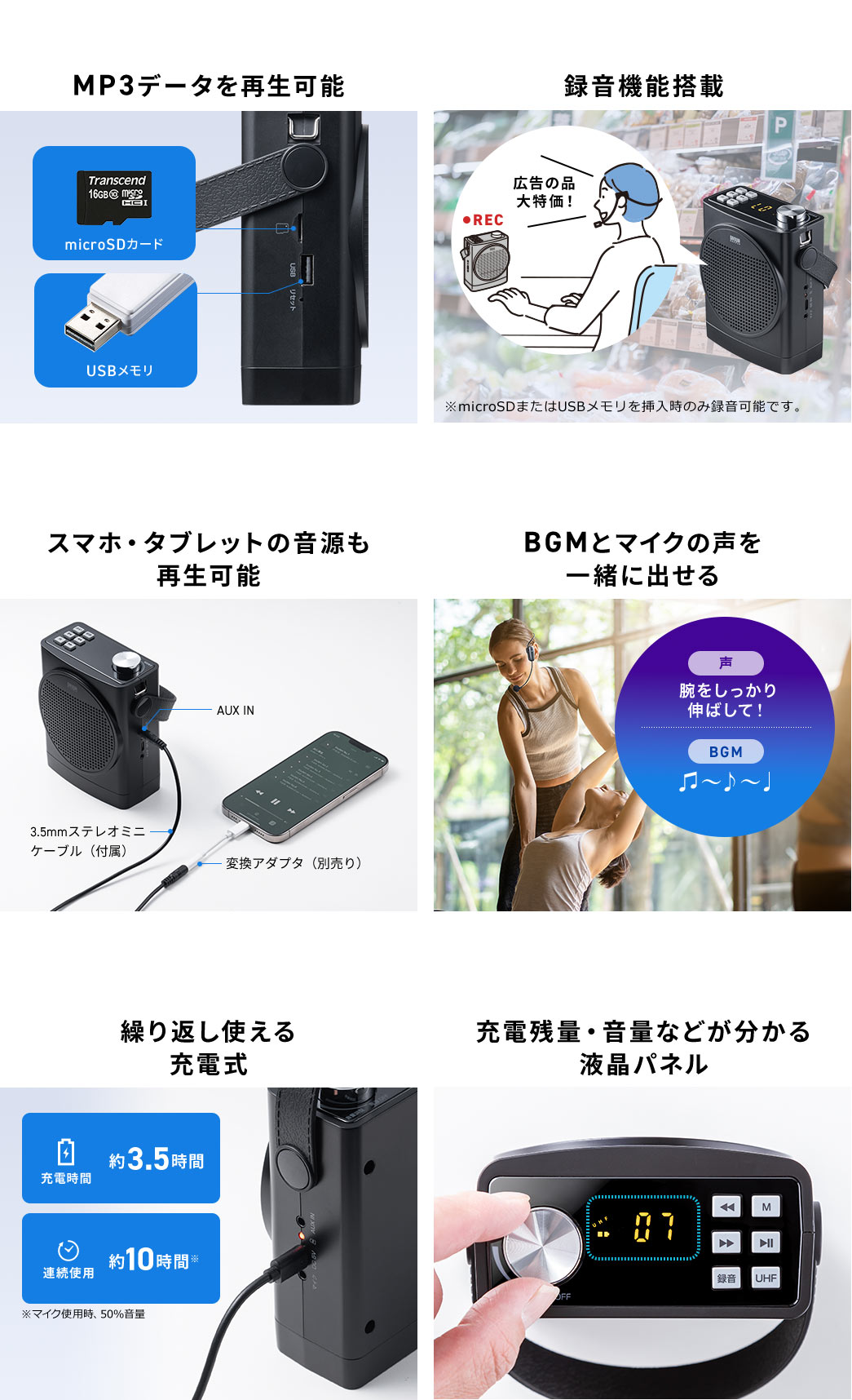 MP3データやスマホ・タブレットの音源再生に対応し、録音機能搭載。BGMとマイクの音声を同時出力可能。繰り返し使える充電式で、充電残量や音量が確認できる液晶パネル付き。