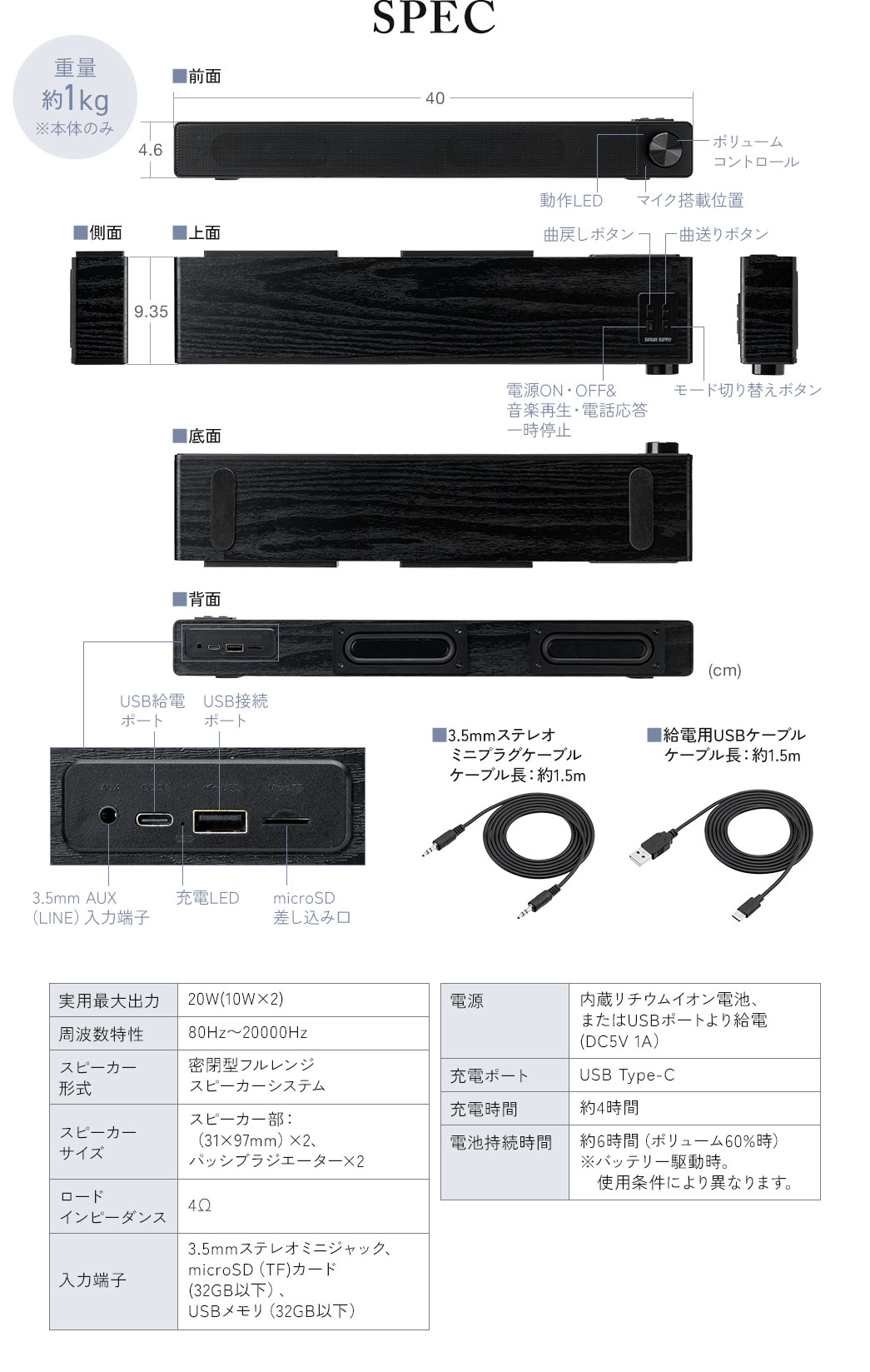 SPEC：幅40cm×奥行き9.35cm×高さ4.6cm、重量約1kgです。付属品は3.5mmステレオミニジャックケーブルと給電用USBケーブルを付属しています。