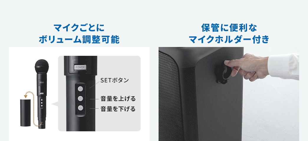マイクごとにボリューム調整可能、保管に便利なマイクホルダー付き