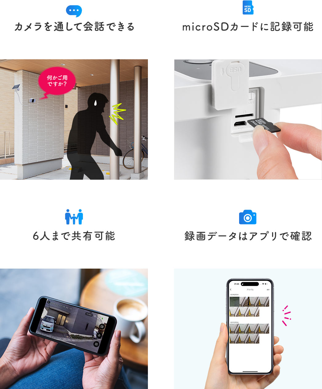 カメラを通して会話できる microSDカードに記録可能 6人まで共有可能 6人まで共有可能録画データはアプリで確認
