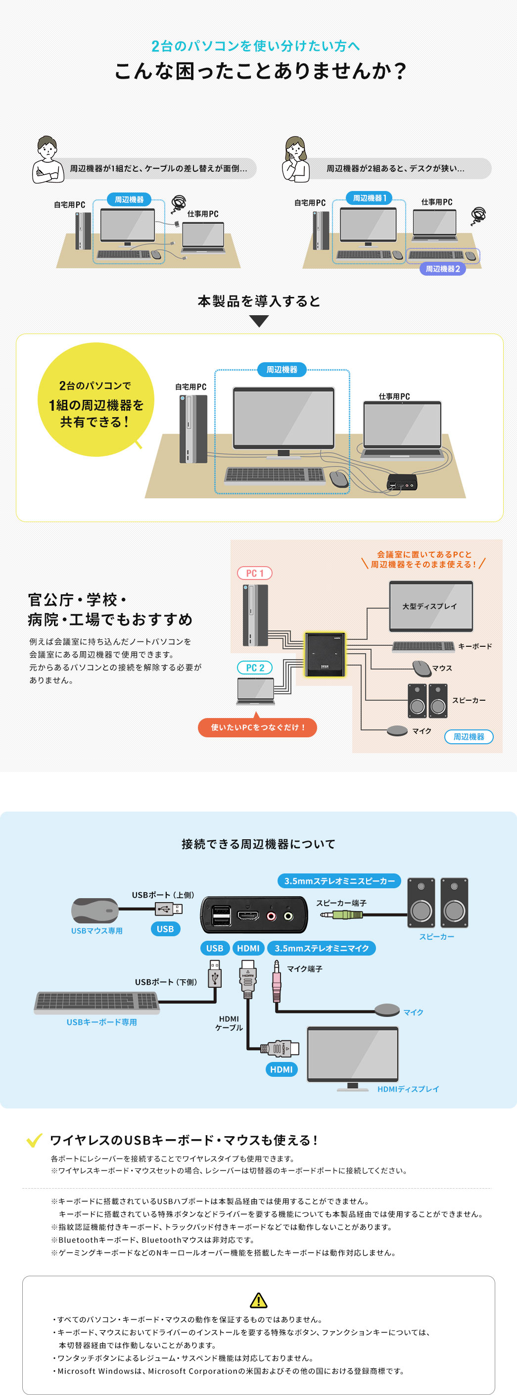 2台のパソコンを使い分けたい方へこんな困ったことありませんか？ 官公庁・学校・病院・工場でもおすすめ ワイヤレスのUSBキーボード・マウスも使える！