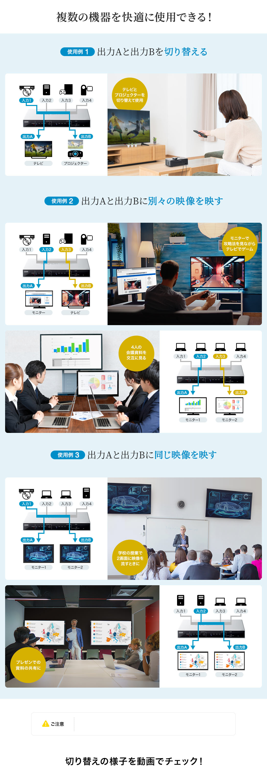 複数の機器を快適に使用できる！ 出力Aと出力Bを切り替える 出力Aと出力Bに別々の映像を映す 出力Aと出力Bに同じ映像を映す