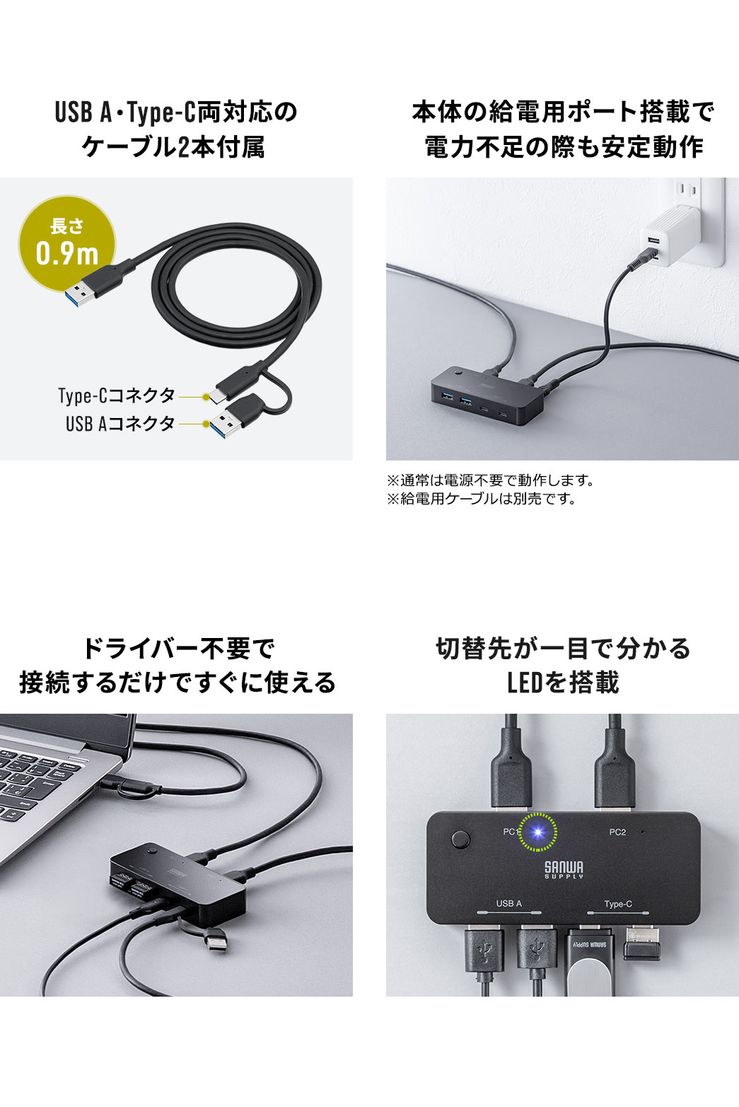 USB A・Type-C両対応のケーブルを2本付属。本体には給電用ポートを備えているため、電力不足の際も安定して動作します。ドライバー不要で、接続するだけですぐに使用でき、切替先が一目で分かるLEDも搭載しています。