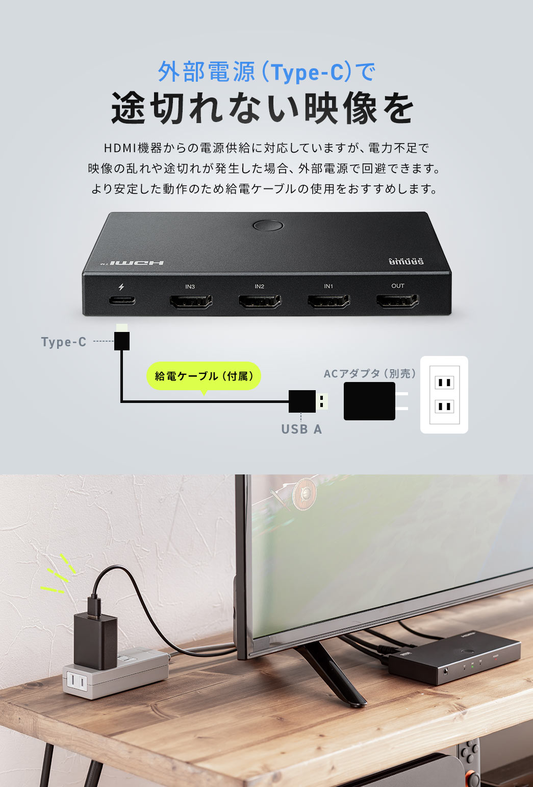 外部電源（Type-C）で途切れない映像を。HDMI機器からの電源供給に対応していますが、電力不足で 映像の乱れや途切れが発生した場合、外部電源で回避できます。 より安定した動作のため給電ケーブルの使用をおすすめします。