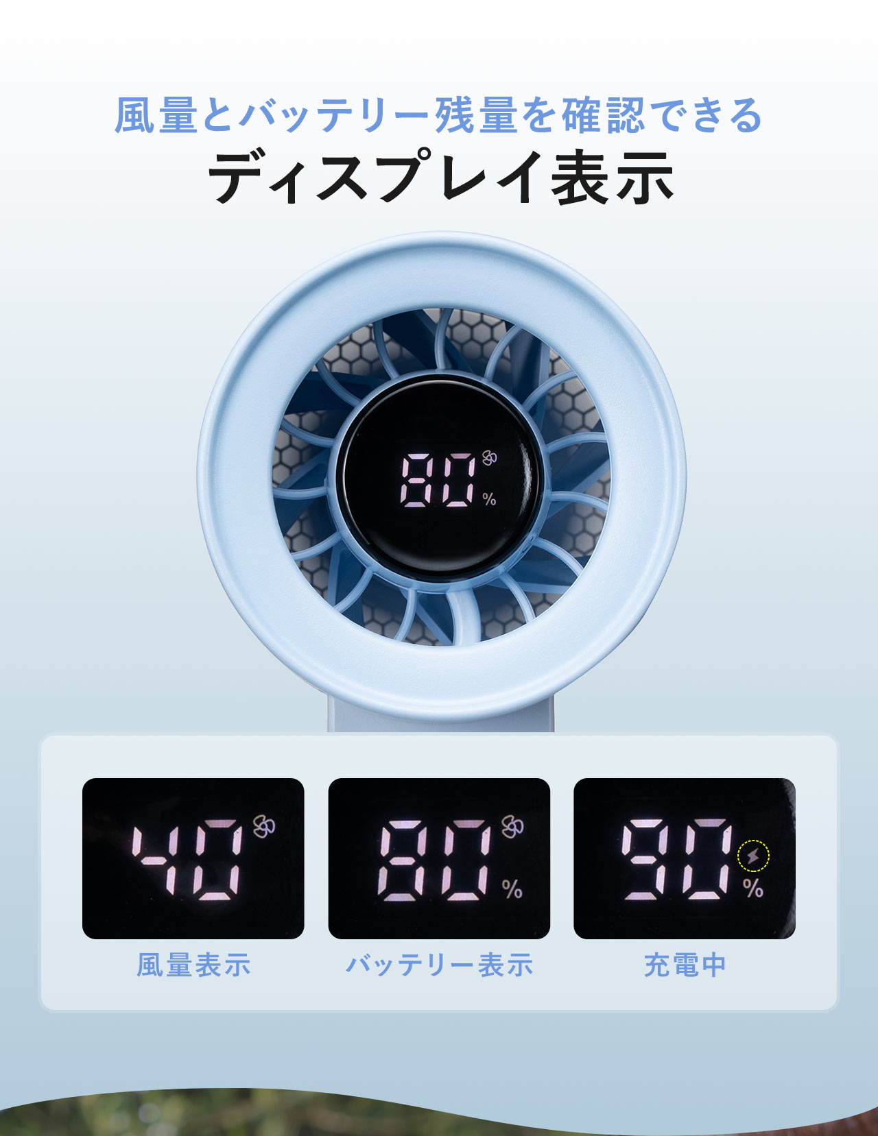 風速とバッテリー残量を確認できる、ディスプレイ表示。