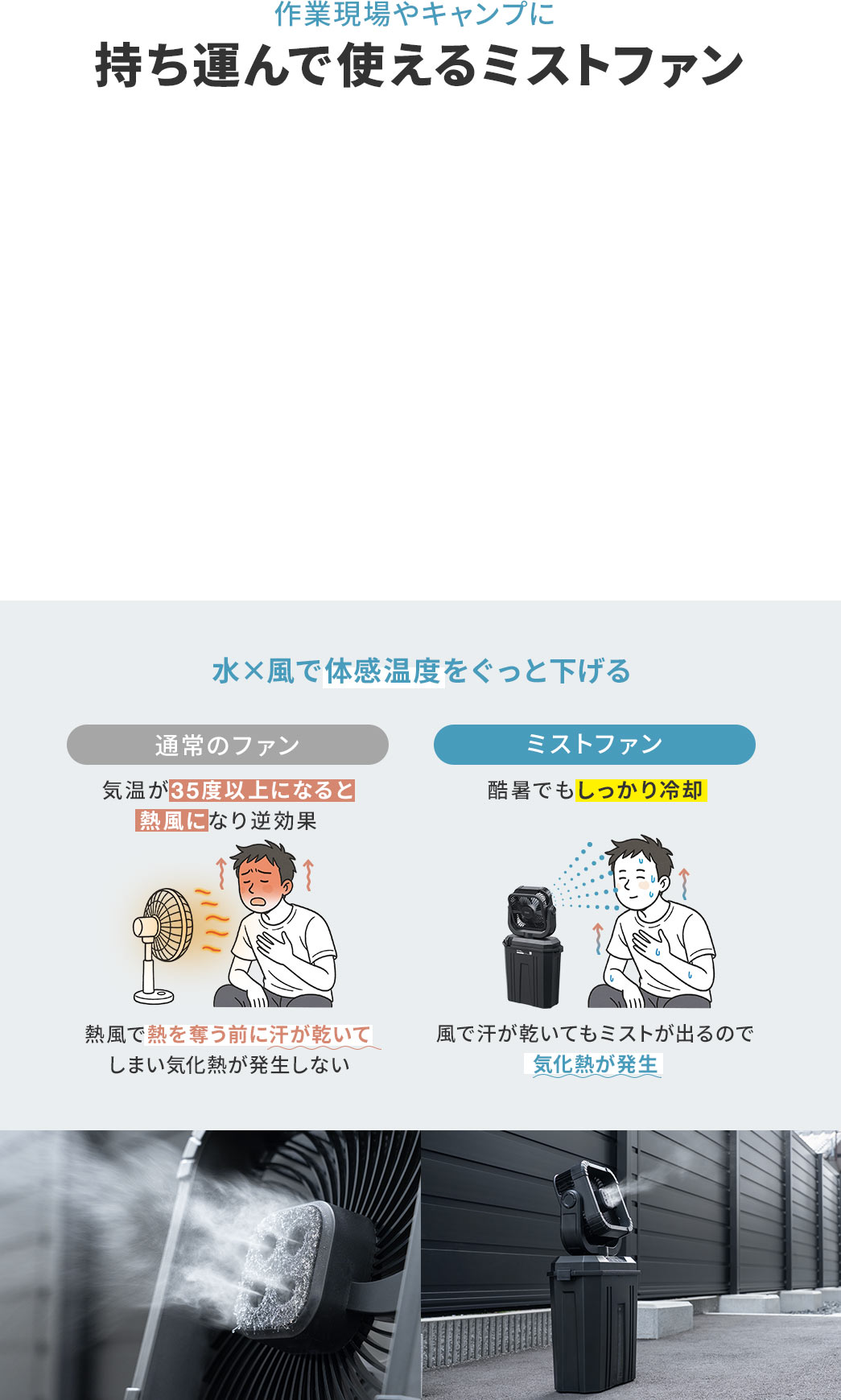 作業現場やキャンプに持ち運んで使えるミストファン。通常のファンは気温が35度以上になると熱風で逆効果になることもありますが、ミストファンは水と風で体感温度をぐっと下げて酷暑でもしっかり冷却することができます。
