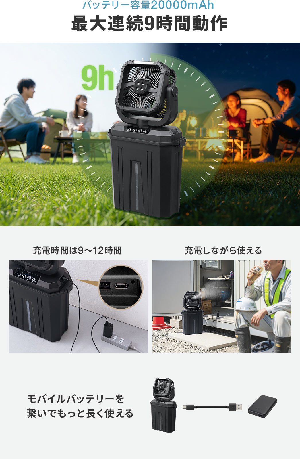 バッテリー容量は20000mAhの大容量で最大連続9時間動作することができます。充電時間は9～12時間で、充電しながら使うことも可能。モバイルバッテリーを繋げばもっと長く使えます。