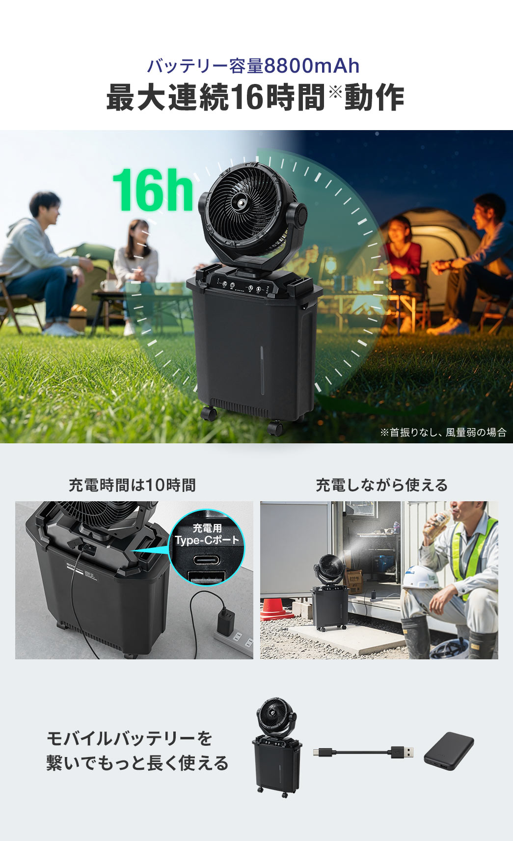 バッテリー容量は8800mAhの大容量で最大連続16時間動作することができます。充電時間は10時間で、充電しながら使うことも可能。モバイルバッテリーを繋げばもっと長く使えます。
