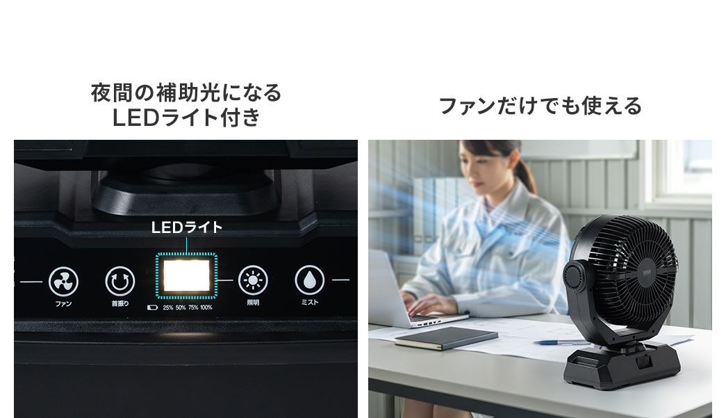 夜間の補助光になるLEDライト付きで、ファンだけでも使用できます。