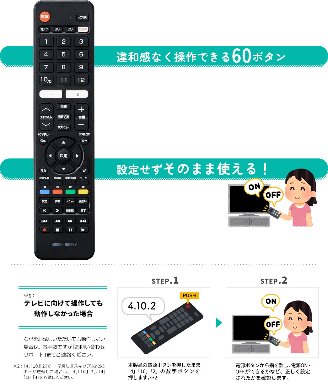 違和感なく操作できる60ボタン 設定せずそのまま使える！