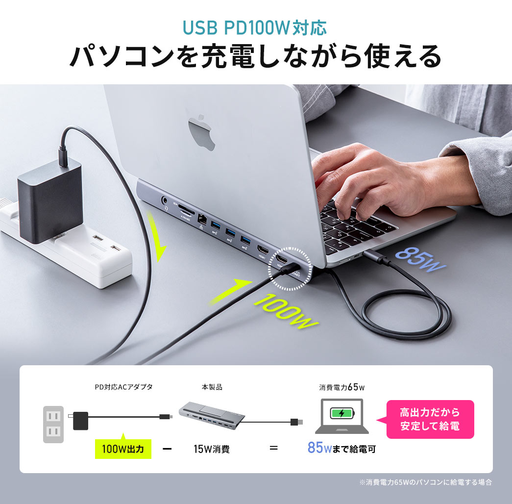 USB PD100W対応 パソコンを充電しながら使える