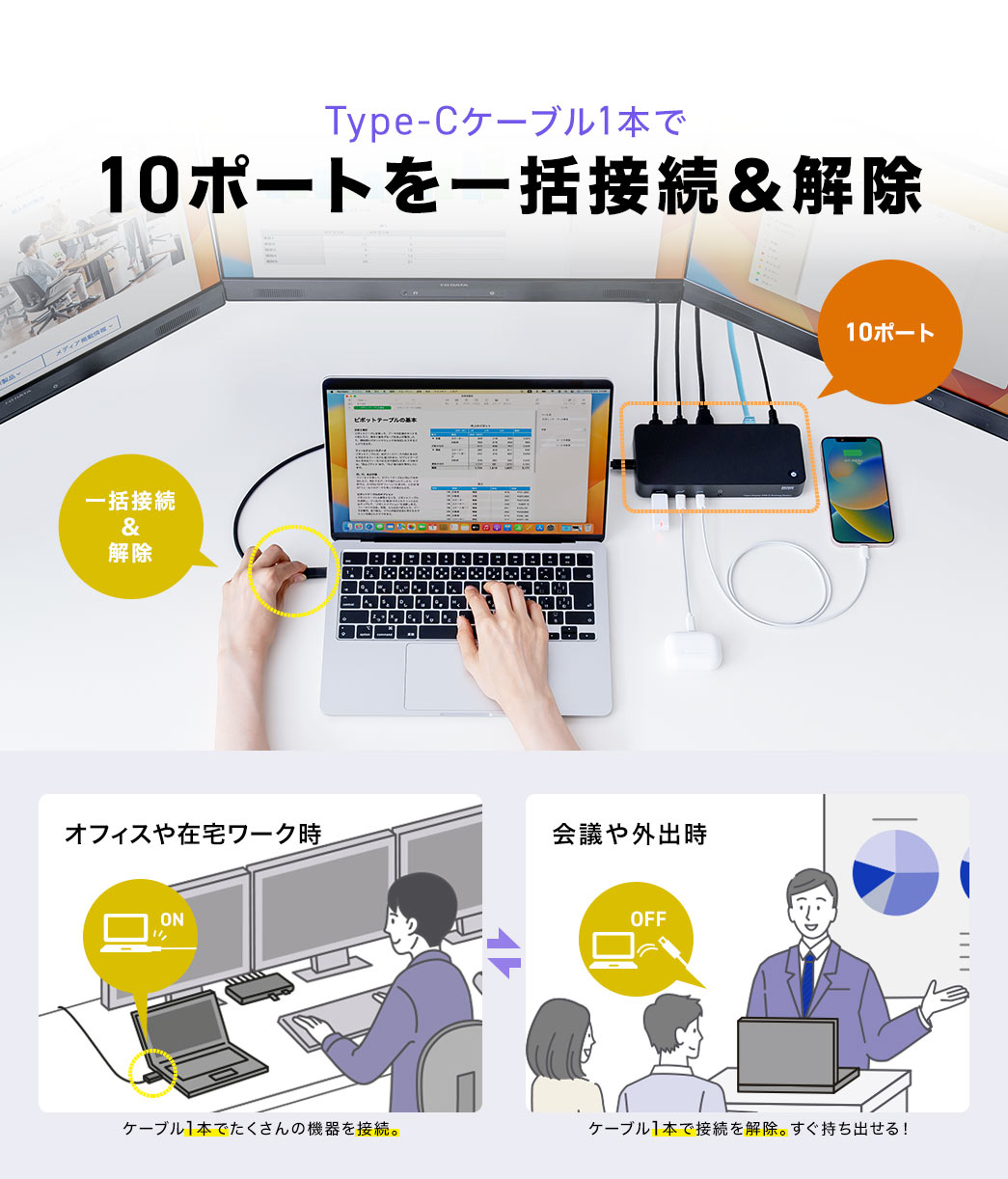 Type-Cケーブル1本で10ポートを一括接続＆解除