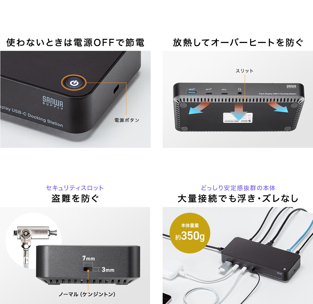 使わないときは電源OFFで節電 放熱してオーバーヒートを防ぐ セキュリティスロット盗難を防ぐ どっしり安定感抜群の本体大量接続でも浮き・ズレなし