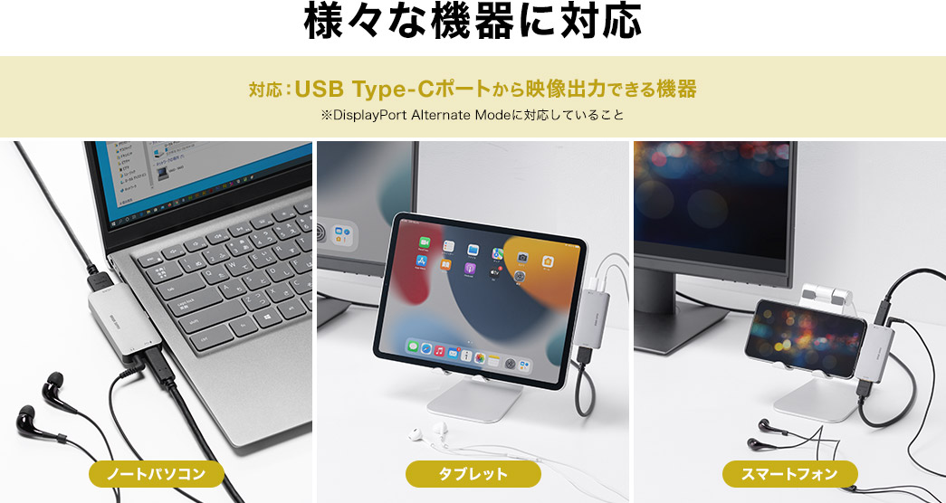 様々な機器に対応 対応：USB Type-Cポートから映像出力できる機器