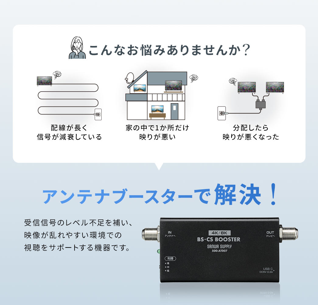 配線が長く、信号が減衰している、家の中で1か所だけ映りが悪いなどのこんなお悩みありませんか？本製品のアンテナブースターで悩みを解決！受信信号のレベル不足を補い、映像が乱れやすい環境での視聴をサポートする機器です。