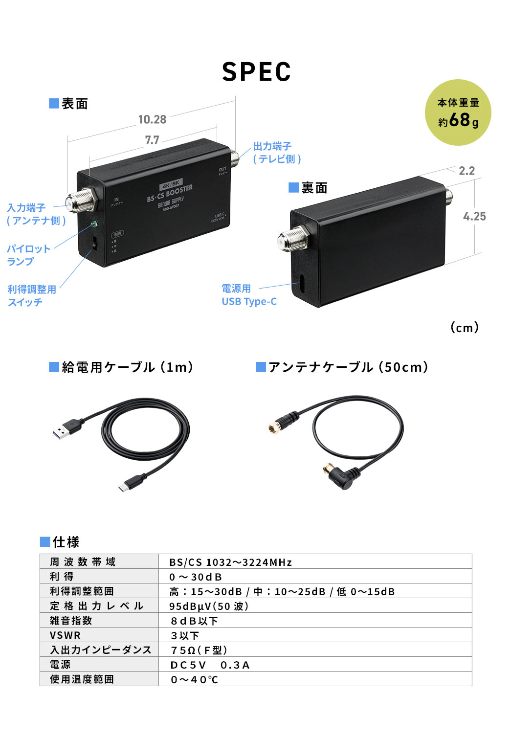 SPEC、本体重量約68g。給電用ケーブル（1m）、アンテナケーブル（50cm）付属。周波数帯域、BS/CS 1032～3224MHz。利得、0～30dB。利得調整範囲、高、15～30dB、中、10～25dB、低、0～15dB。定格出力レベル、95dBμV（50波）。雑音指数、8dB以下。VSWR、3以下。入出力インピーダンス、75Ω（F型）。電源、DC5V、0.3A。使用温度範囲、0.3A 0～40℃。