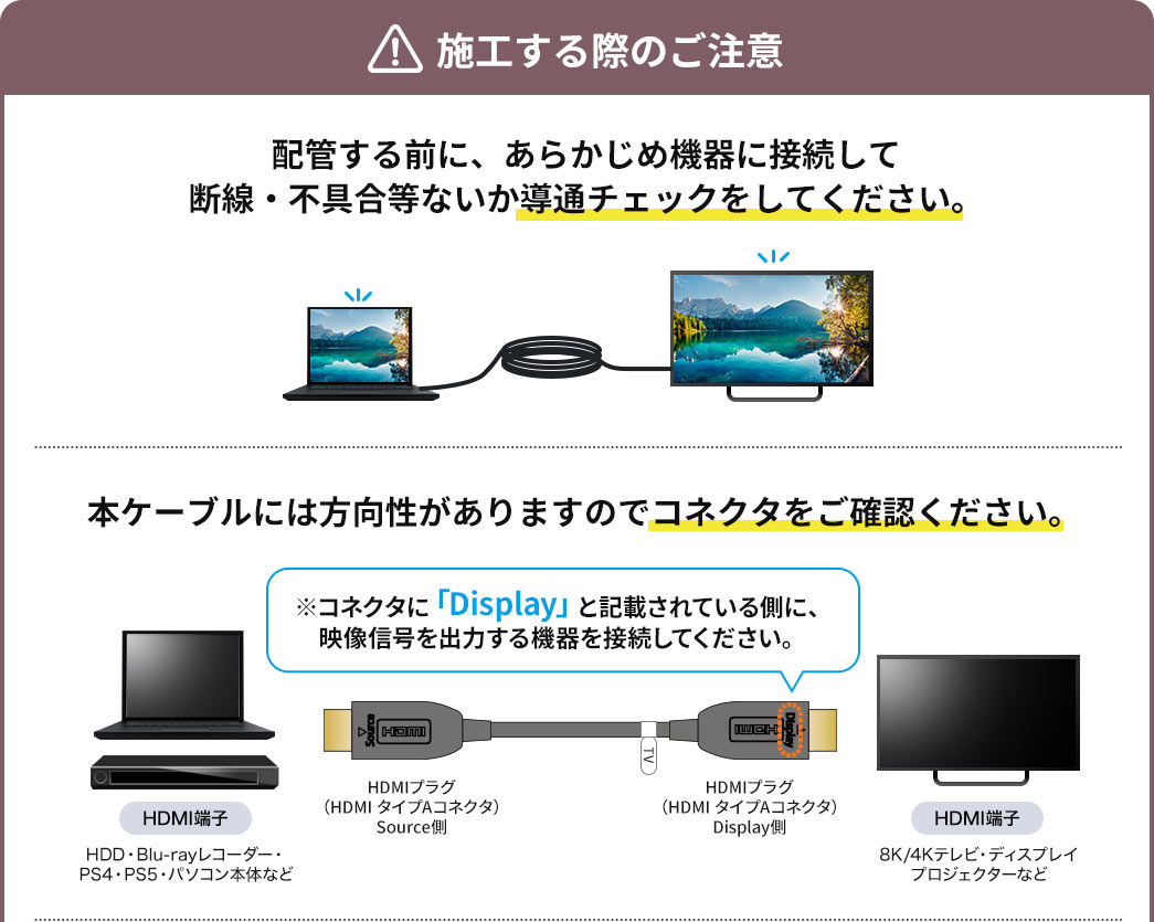 施工する際のご注意 本ケーブルには方向性がありますのでコネクタをご確認ください