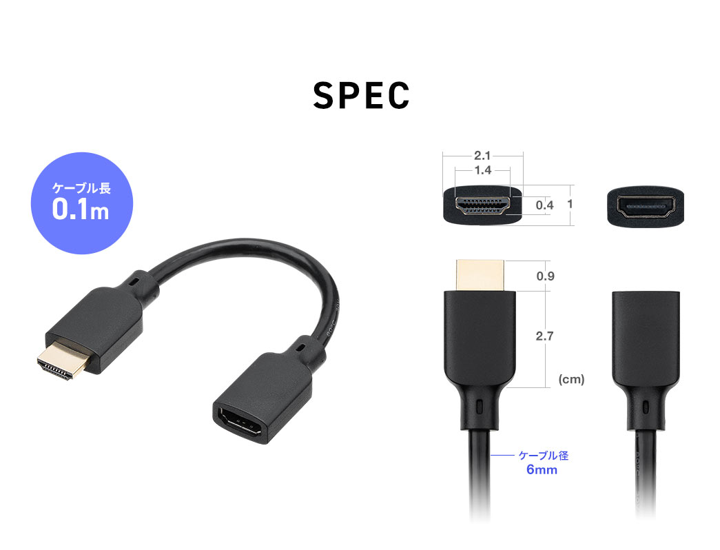 SPEC：ケーブル径は6mm、コネクタ部は幅2.1cm×奥行き3.6cm×高さ1cm。ケーブル長0.1m。