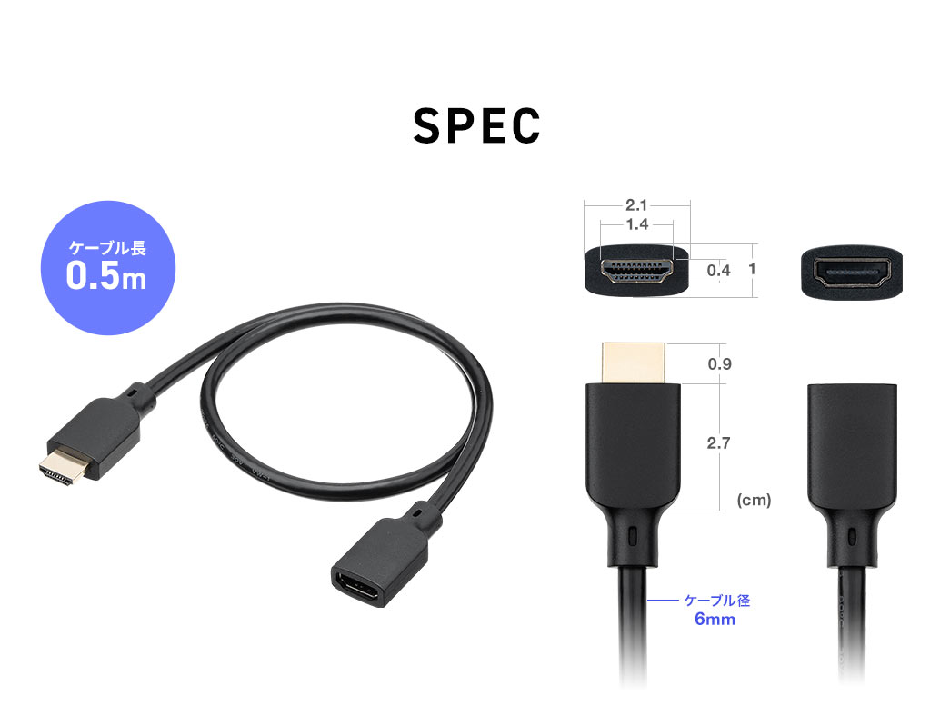 SPEC：ケーブル径は6mm、コネクタ部は幅2.1cm×奥行き3.6cm×高さ1cm。ケーブル長0.1m。