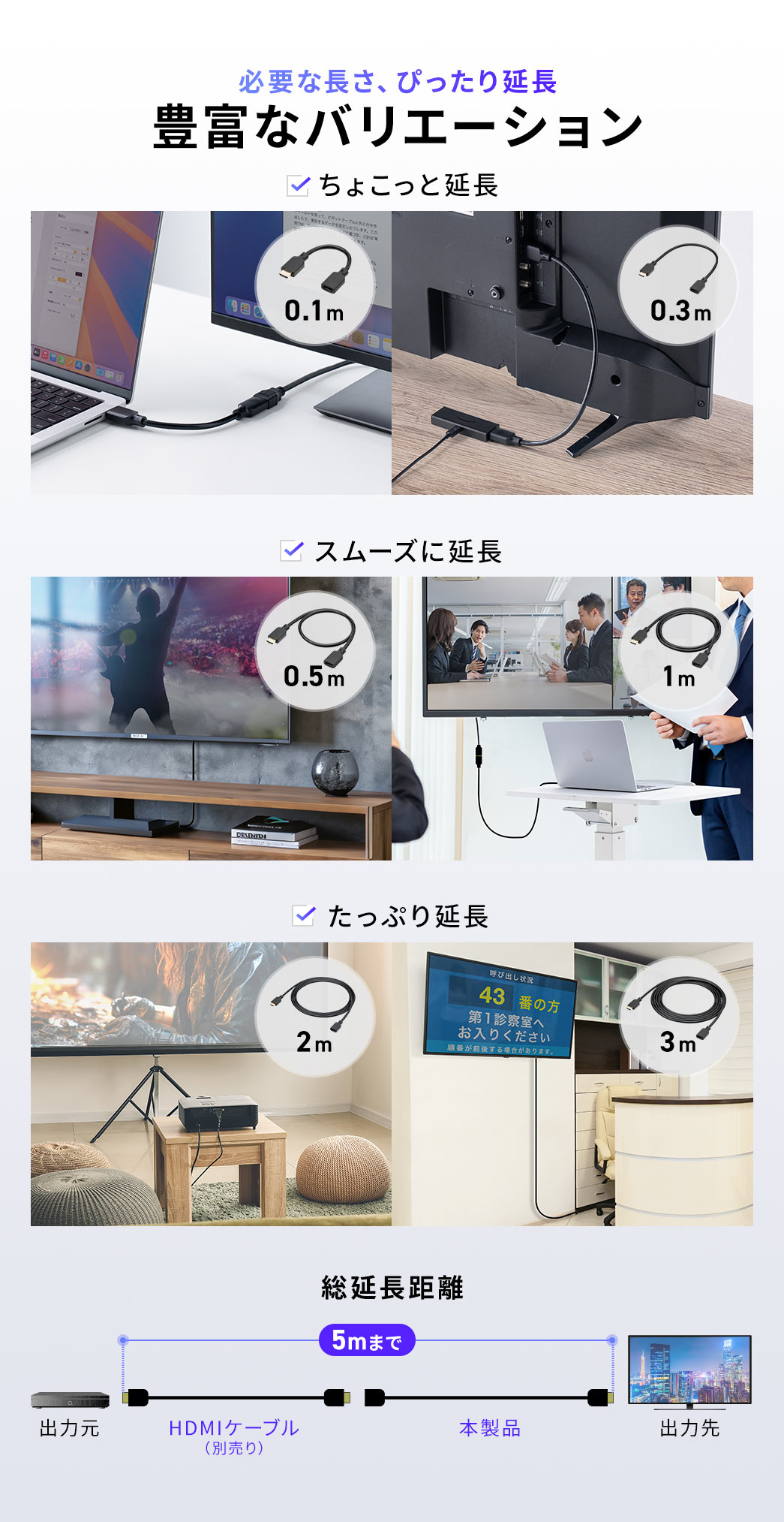 ちょこっと延長するのに便利な0.1mや0.3m、スムーズに延長できる0.5mや1m、たっぷり延長したいときの2mや3mなど、必要な長さ、ぴったり延長できる豊富なバリエーションを取り揃えています。