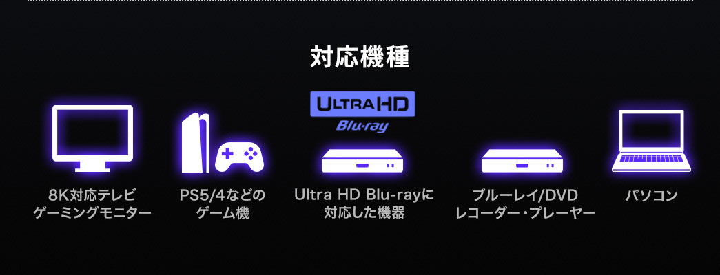 8K対応テレビやゲーミングモニター、PS5/4などのゲーム機、Ultra HD Blu-Rayに対応した機器、ブルーレイ/DVDレコーダー・プレーヤー、パソコンなど様々な機種に対応しています。