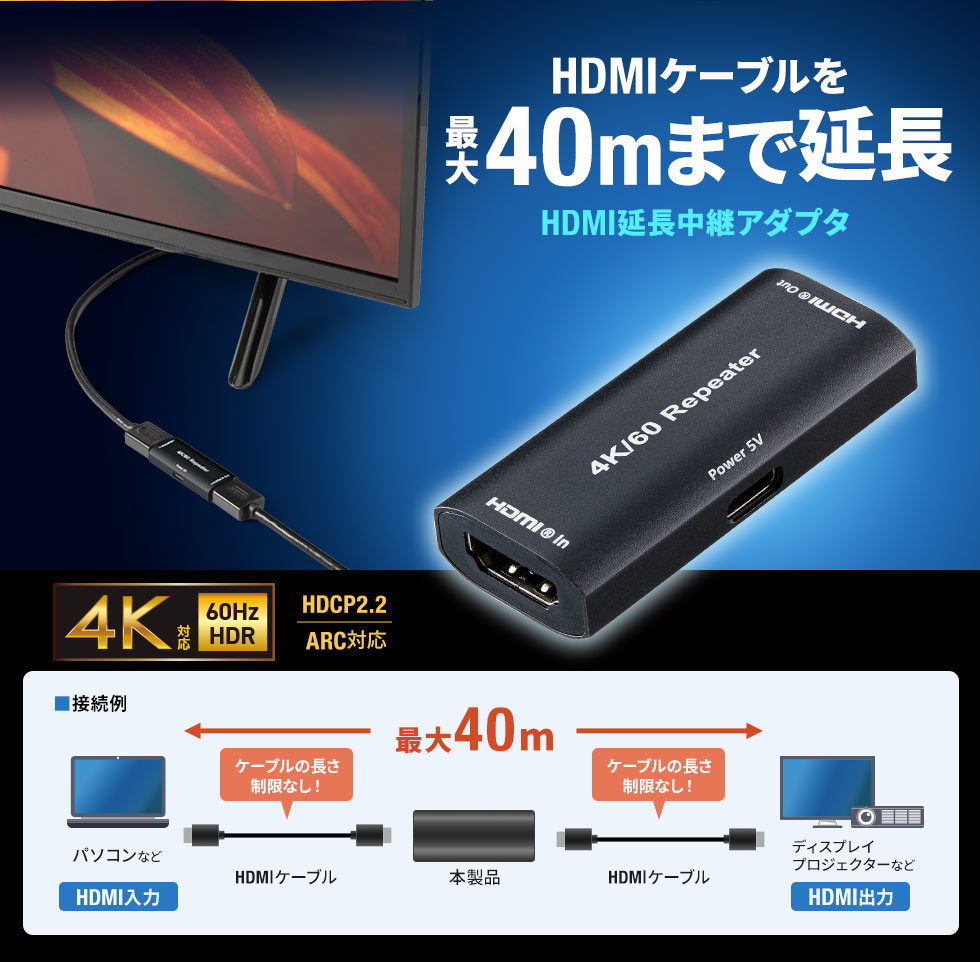 HDMIケーブルを最大40mまで延長できるHDMI延長中継アダプタ。4K、HDCP2.2、ARC対応。