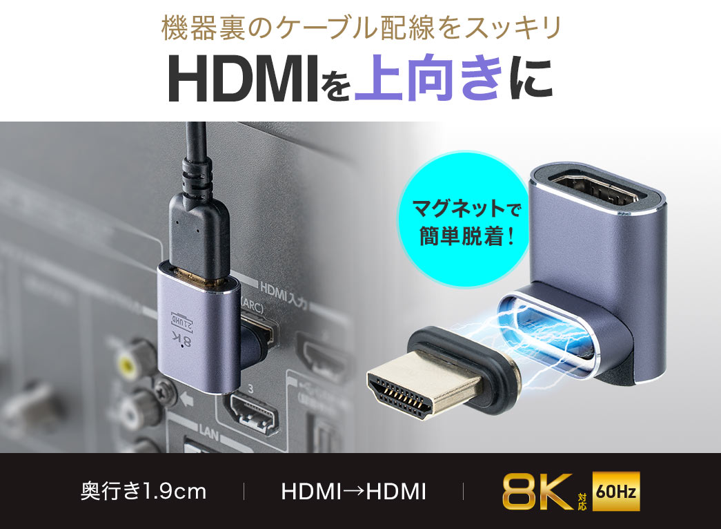 HDMIを上向きに差して機器裏のケーブル配線をスッキリ。マグネットで簡単に脱着可能、奥行き1.9cm、HDMI‐HDMI接続で、8K/60Hzにも対応しています。