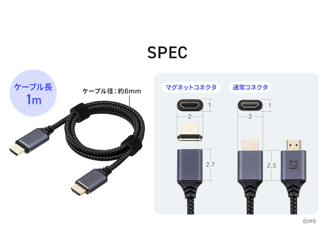 SPEC、ケーブル長1m、ケーブル径約6mm。