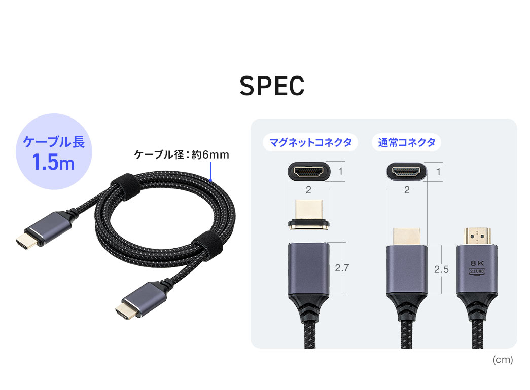 SPEC、ケーブル長1.5m、ケーブル径約6mm。