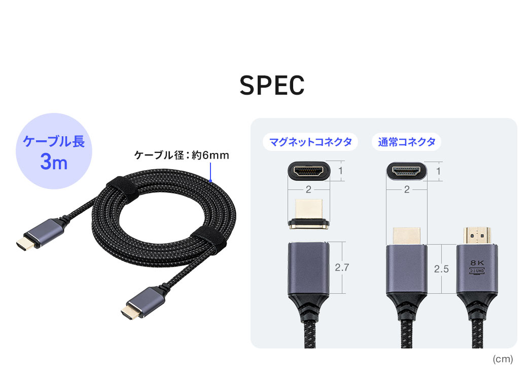 SPEC、ケーブル長3m、ケーブル径約6mm。