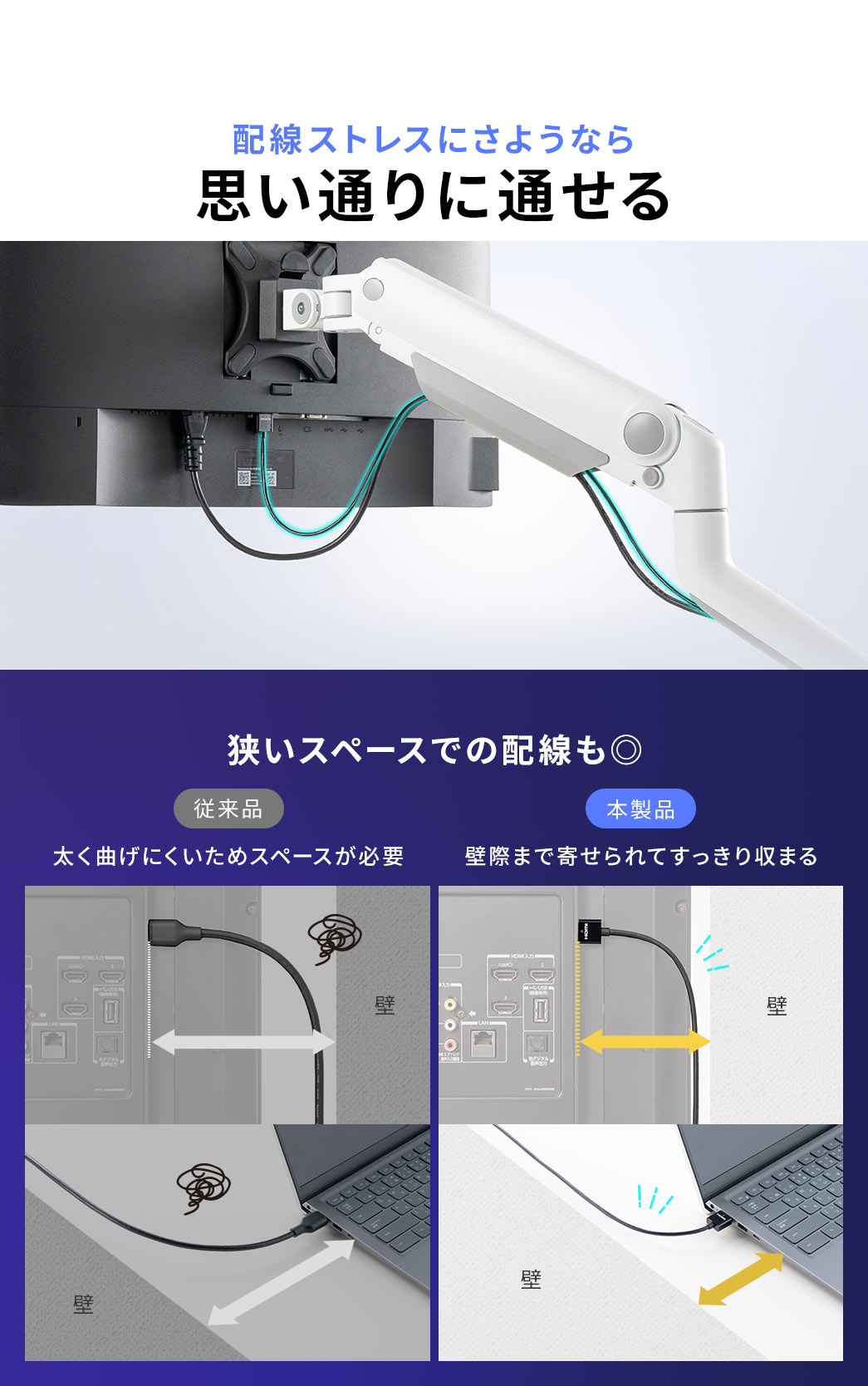 配線ストレスにさようなら、思い通りに通せる。狭いスペースでの配線もできるから壁際まで寄せられてすっきり収まる