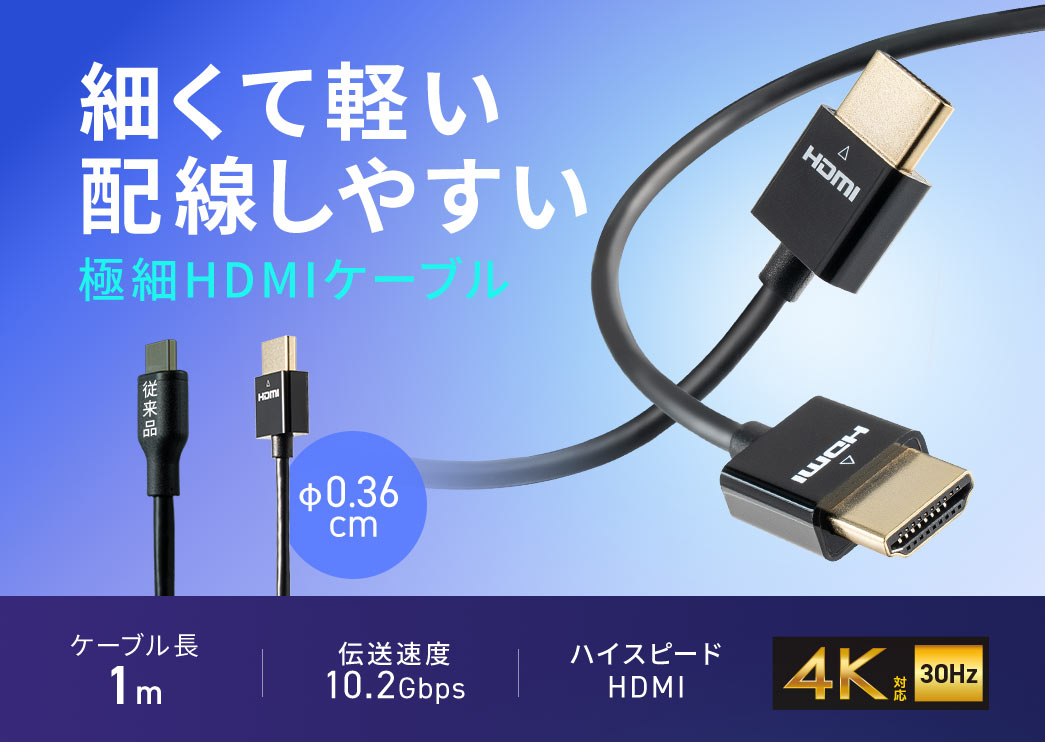 細くて軽い配線しやすい極細HDMIケーブル。伝送速度10.2GbpsでハイスピードHDMI、4K30Hzに対応しています。