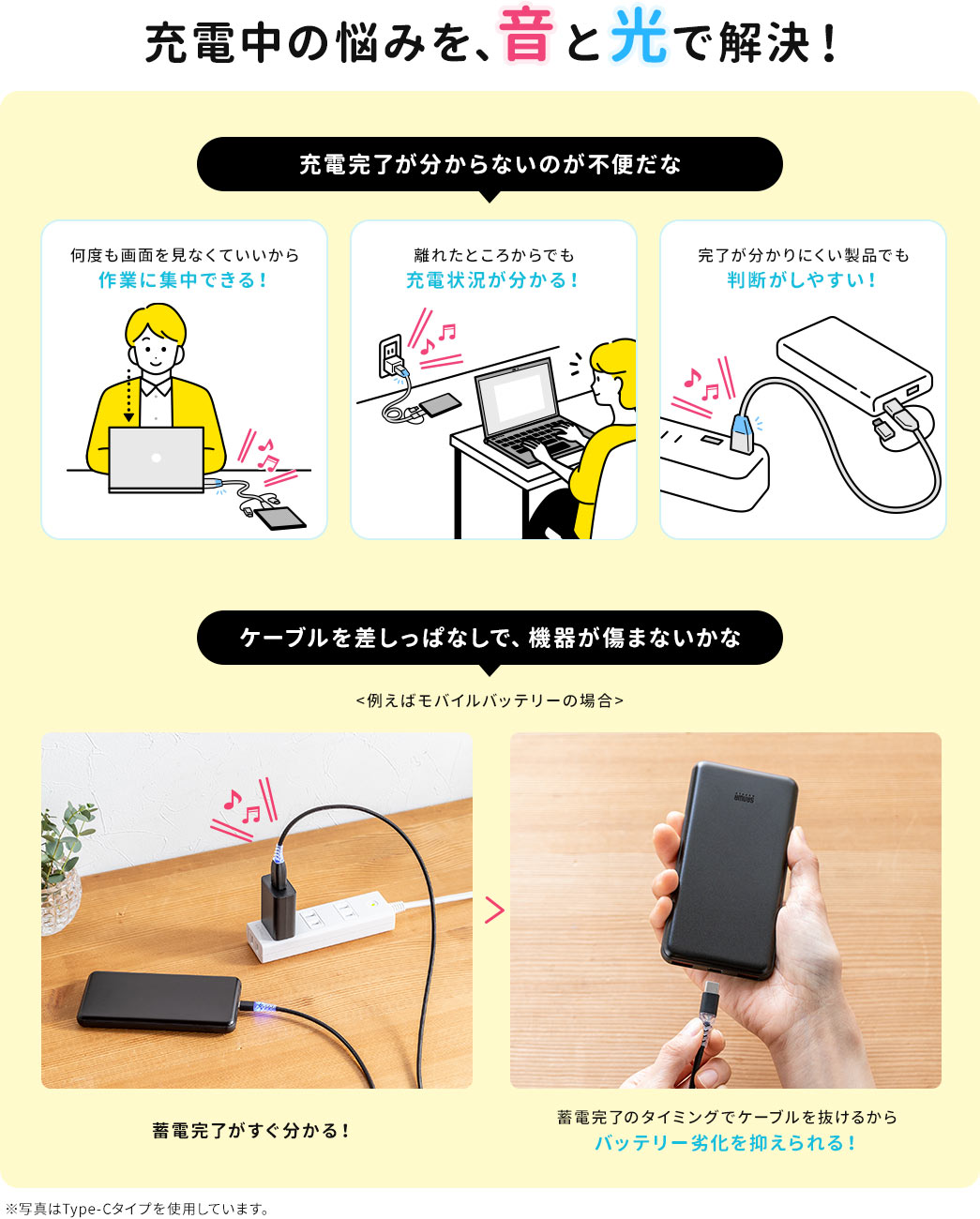 充電中の悩みを、音と光で解決！