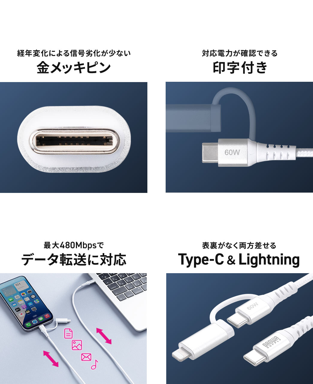 経年変化による信号劣化が少ない金メッキピン 対応電力が確認できる 最大480Mbpsでデータ転送に対応 裏表がなく両方差せる Type-C&Lightning