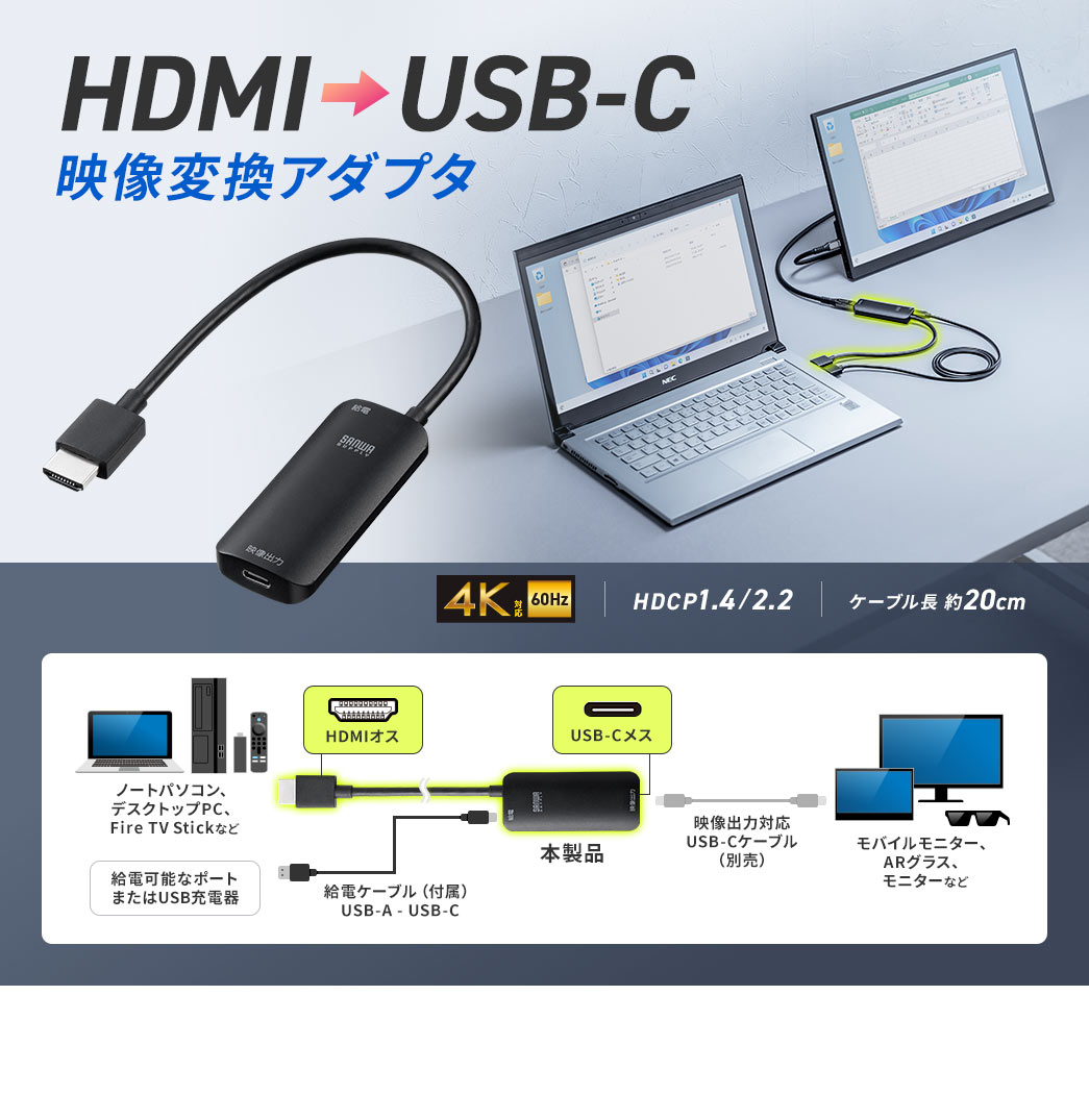 映像をHDMIからUSB-Cに変換するケーブル長約20cmのアダプタ。4Kに対応しており、HDCP 1.4、2.2にも対応。